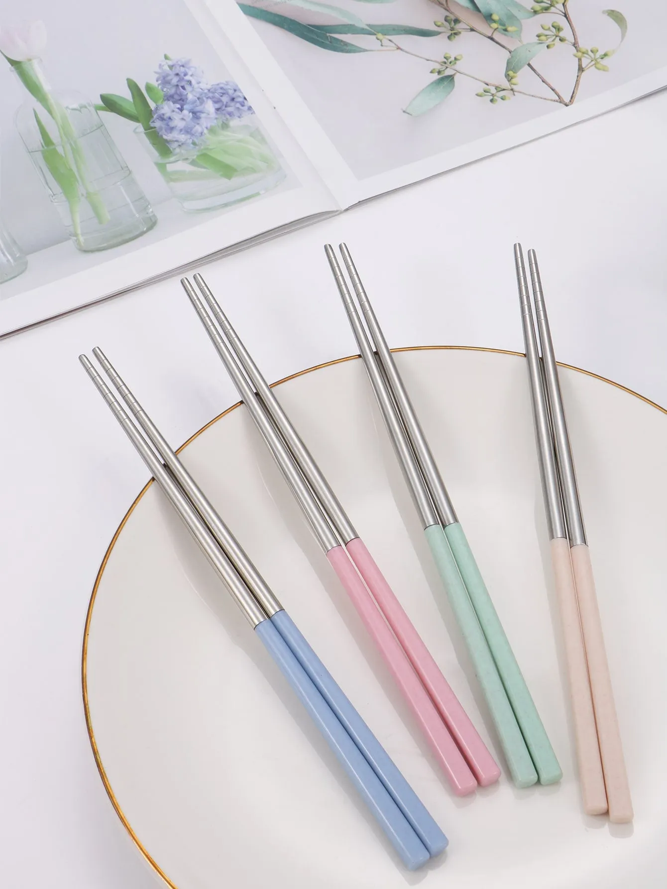 1pair Two Tone Stainless Steel Chopsticks, Pink Chopsticks For Home
