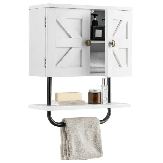 2-Door Bathroom Wall-Mounted Medicine Cabinet with Open Shelf and Towel Rack-White