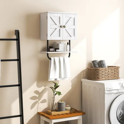 2-Door Bathroom Wall-Mounted Medicine Cabinet with Open Shelf and Towel Rack-White
