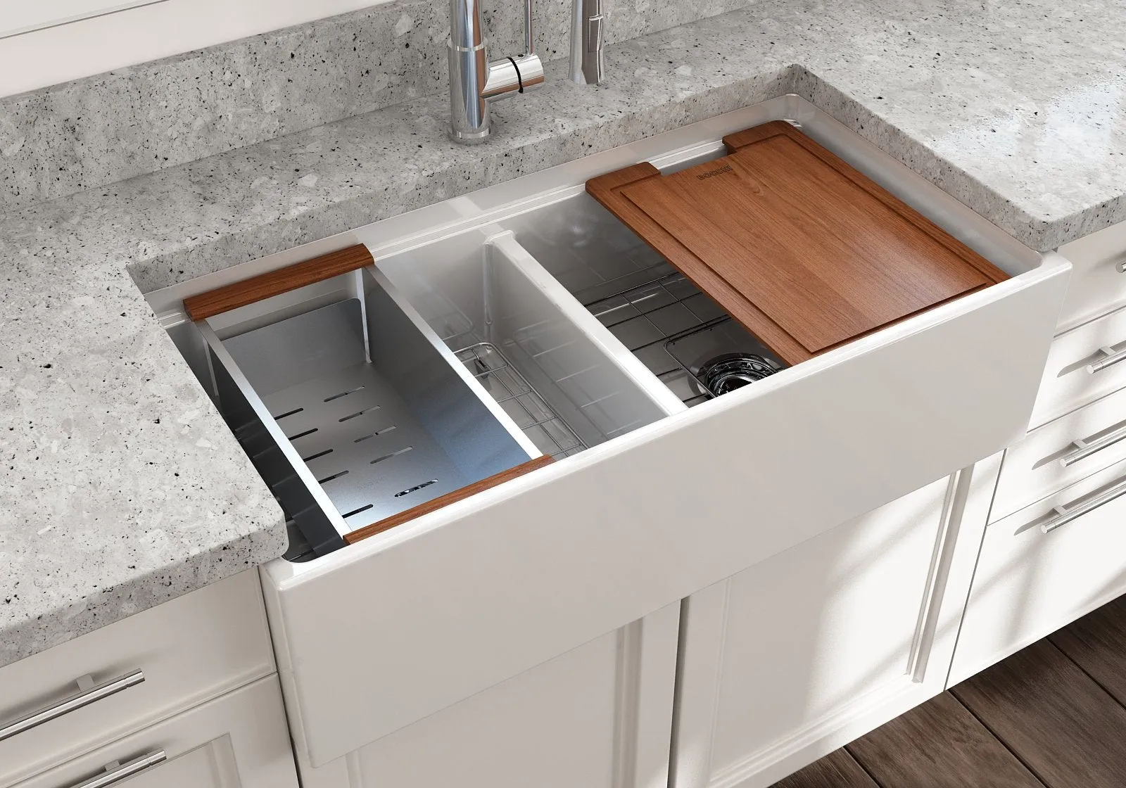 Contempo Step-Rim 36" x 19" x 10" Double-Basin Farmhouse Apron Front Kitchen Sink in White