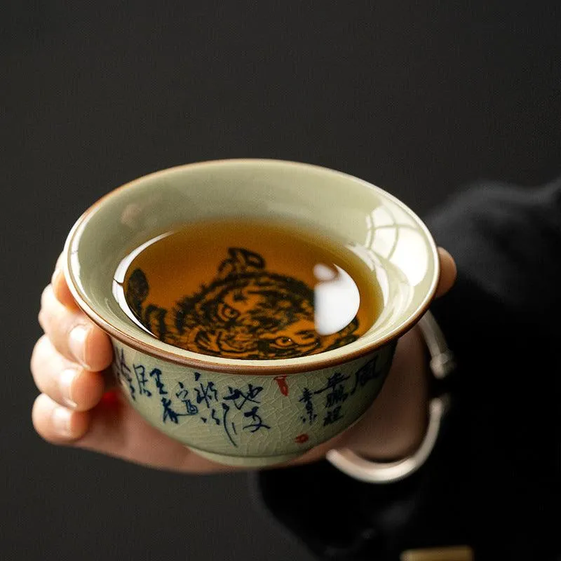 Hand-Painted Fu Tiger Ceramic Cup – Artisan Tea Bowl with Rich Symbolism
