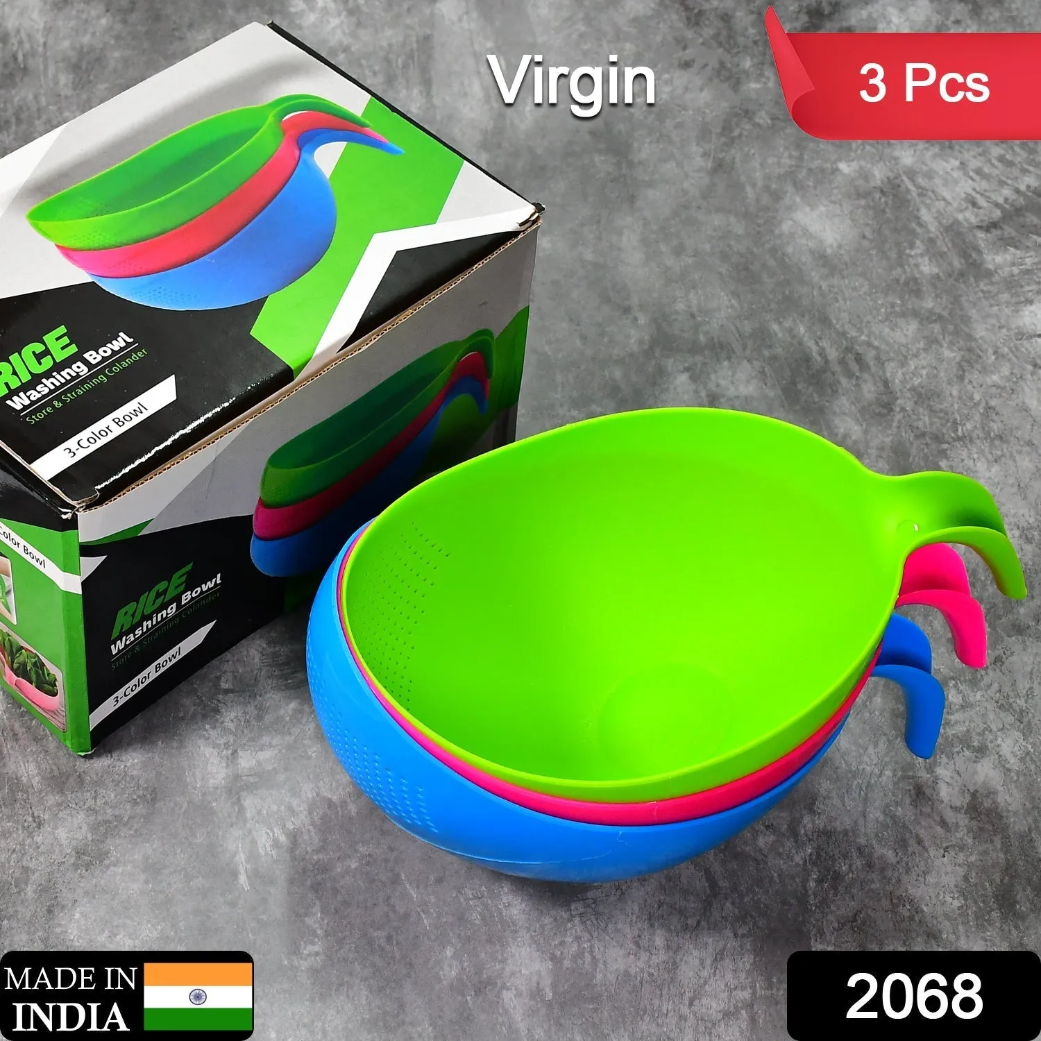 Plastic Rice Bowl / Food Strainer Thick Drain Basket with Handle for Rice, Vegetable & Fruit (set of 3pcs)