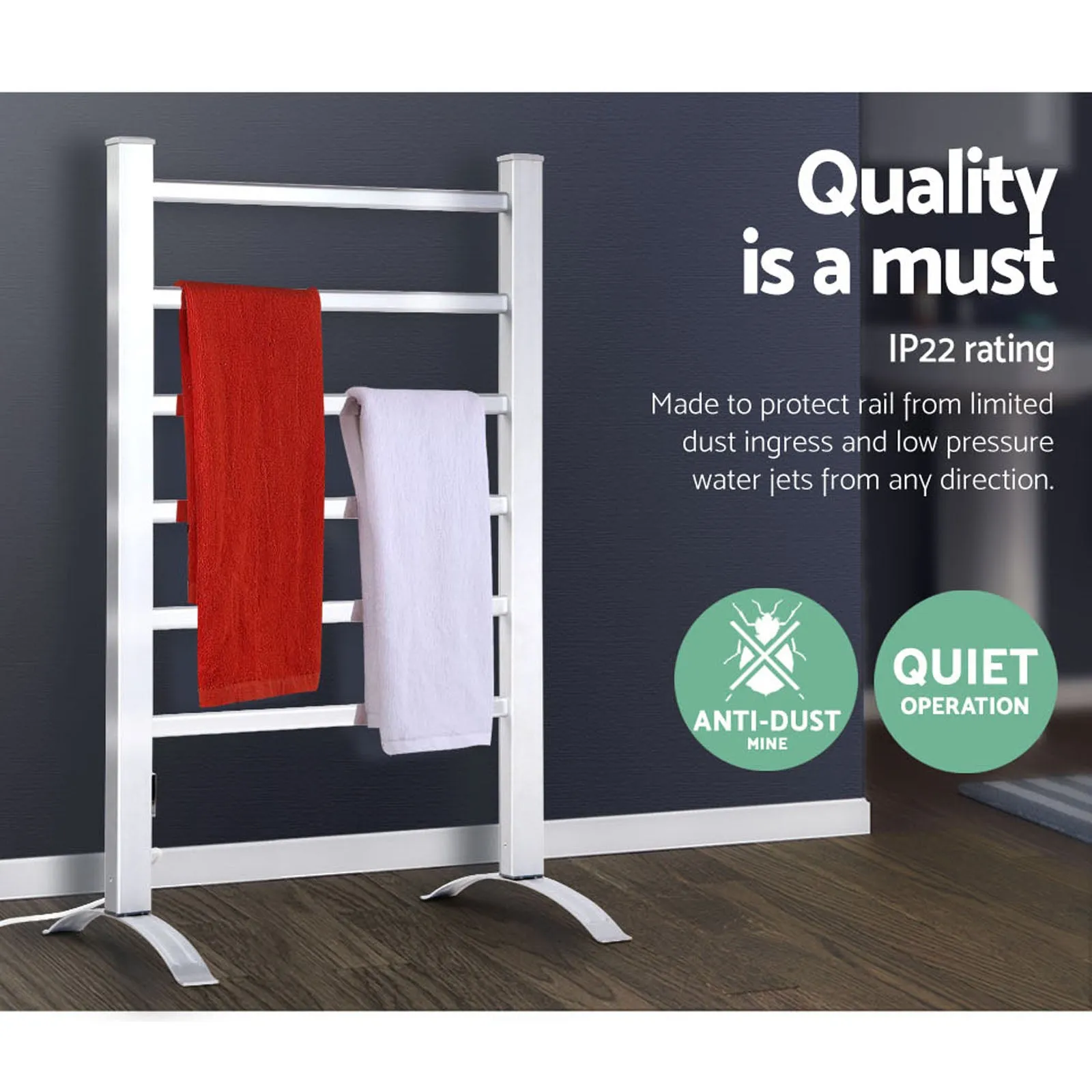 Portable Heated Towel Rail Rack, 6 Bars, Anti-Corrosion - Devanti