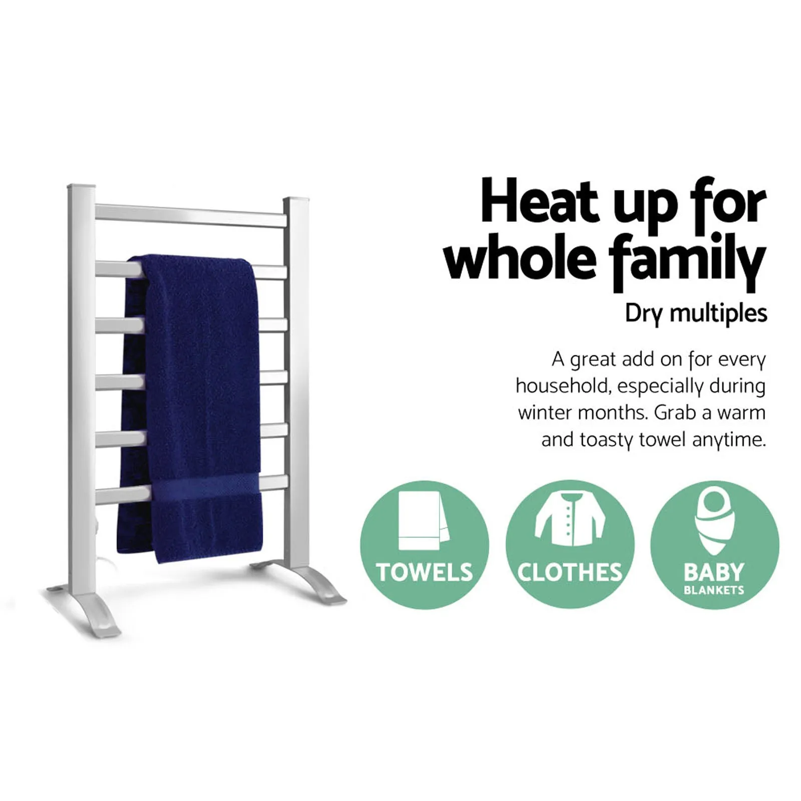 Portable Heated Towel Rail Rack, 6 Bars, Anti-Corrosion - Devanti