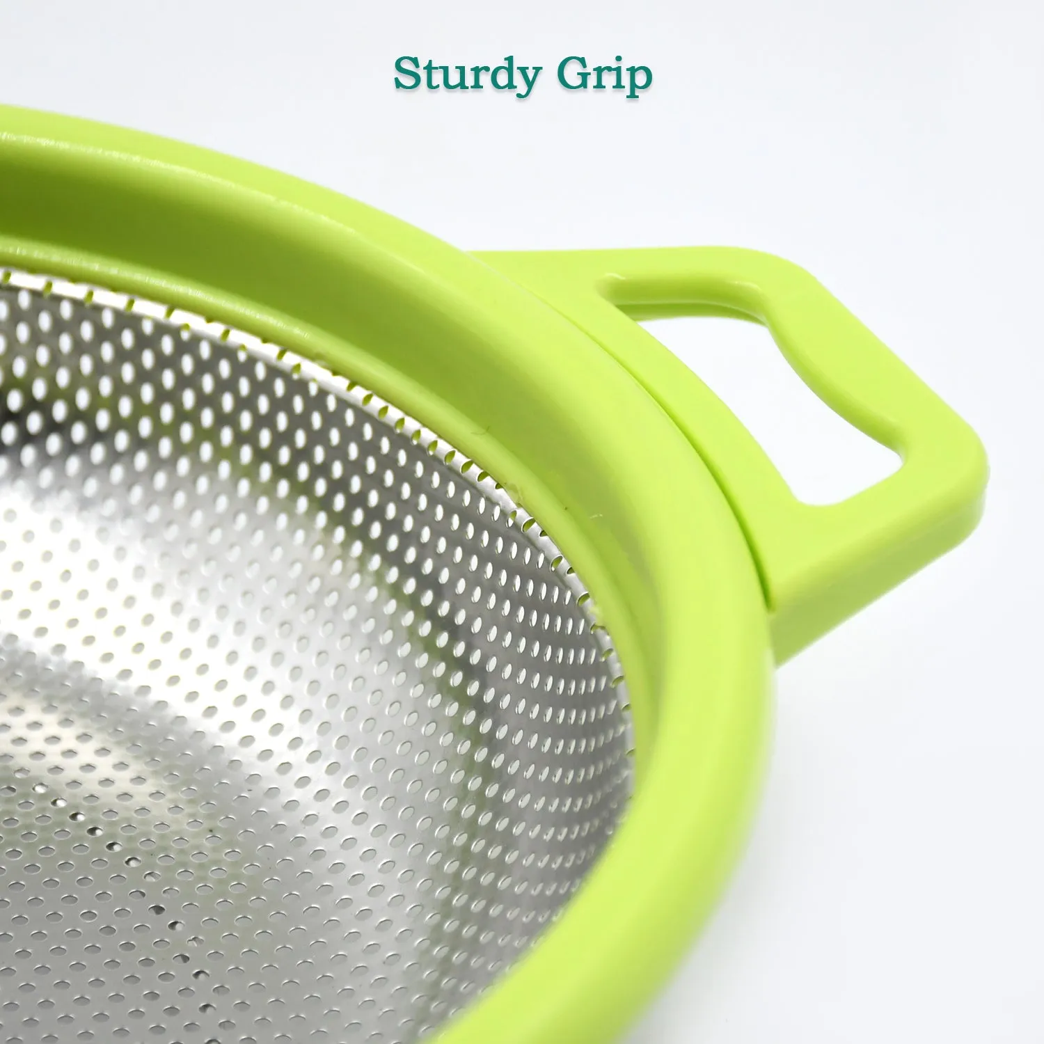 Stainless Steel Colander with Handle, Large Metal Green Strainer for Pasta, Spaghetti, Berry, Veggies, Fruits,  Kitchen Food Colander, Dishwasher Safe